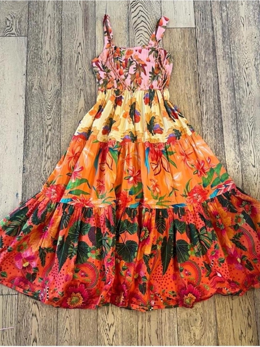 FARM Rio Vibrant Floral Tiered Maxi in Orange and Pink